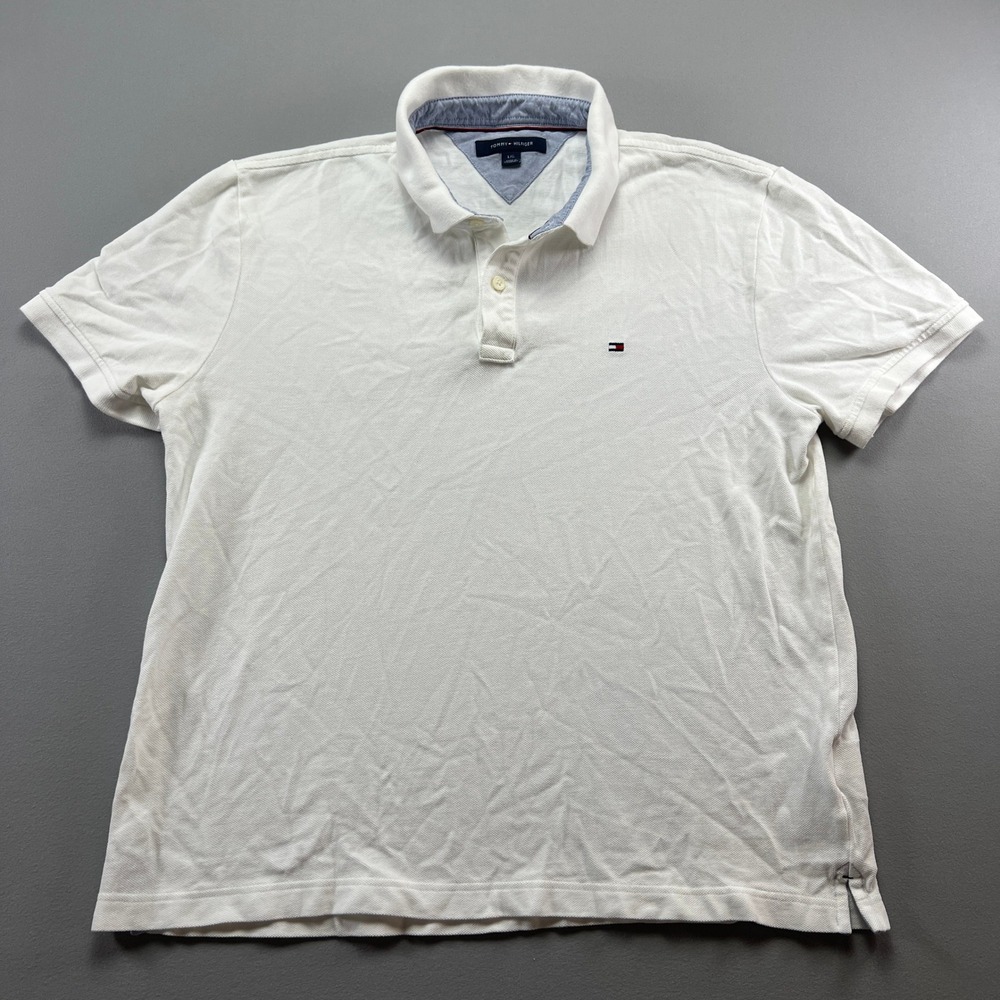 Tommy Hilfiger Polo Shirt Mens Large White Athletic Golf Performance Tennis Tail